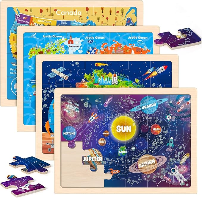 Wooden Puzzles for Kids Age 3 4 5 Year Old, 4 Pack 24 Pcs Toddler Jigsaw Puzzles for Girl Boy Geography Space Activities Preschool Learning Educational Birthday Gift Travel Autistic Wooden Toys