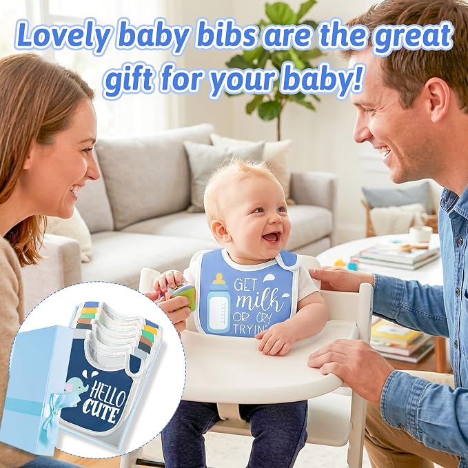 7Pcs Cotton Waterproof Baby Bibs Hook Loop Closure Newborn Bib Keepsake Baby Gift for Drooling Feeding Eating