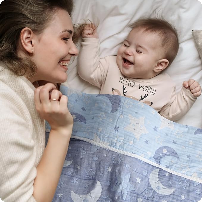Cotton Muslin Baby Blankets Organic Comforter Reversible Neutral 6-Layer Soft 43.3"x41.3" for Newborn Infant Toddler Boys Girls, Daycare Receiving Swaddle Throw Quilt, Nursery Crib Bassinet Blanket