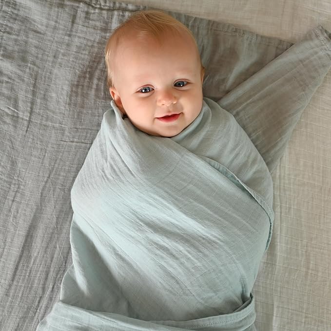 POMISO Muslin Swaddle Blankets for Boys & Girls, Newborn Receiving Blankets, 4 Pack Soft Breathable Baby Swaddles, Large 47x47 Inches, Grey Blue White Green