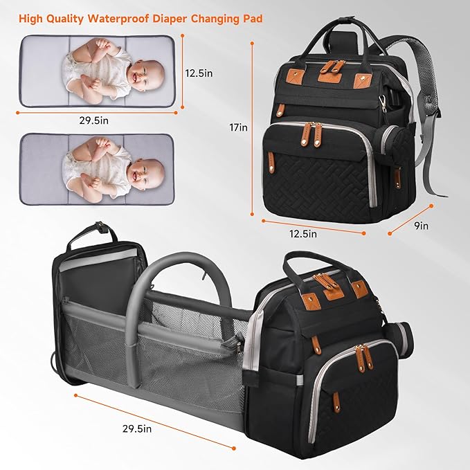 Baby Diaper Bags with Changing Station, Large Capacity Diaper Bag Backpack for Moms Dads with USB Charging Port,Travel Baby Bag with Pacifier Case & Stroller Straps(Up-Black)