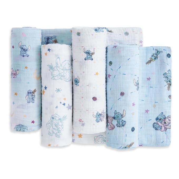 aden + anais Essentials Muslin Swaddle Blankets, Newborn Receiving Blanket for Swaddling, 100% Cotton Baby Swaddle Wrap, 4 Pack, Lilo & Stitch