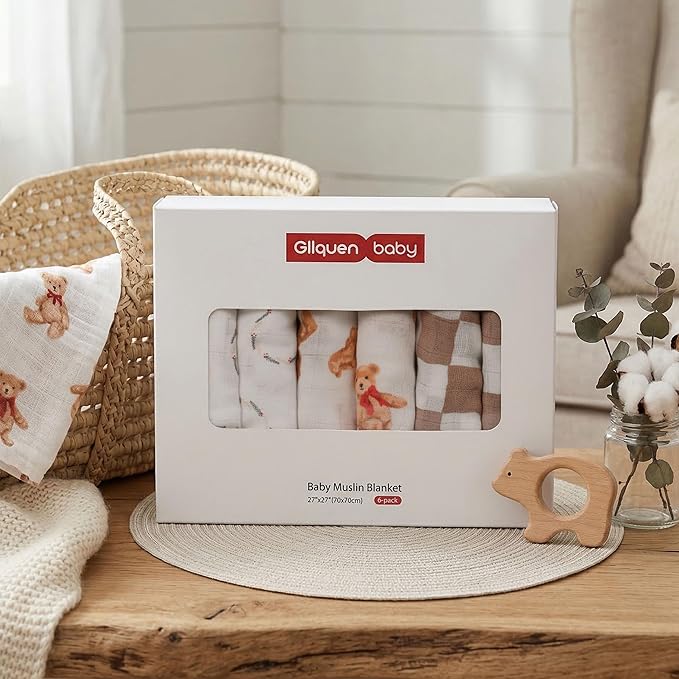 GLLQUEN BABY Receiving Blanket Boy Cotton Muslin Swaddle Blankets Girl Newborn Squares Breathable & Soft Thin Baby Blankets Cloths Double Absorbent Infant Swaddling Wrap - 6 Pack (Christmas Bear)