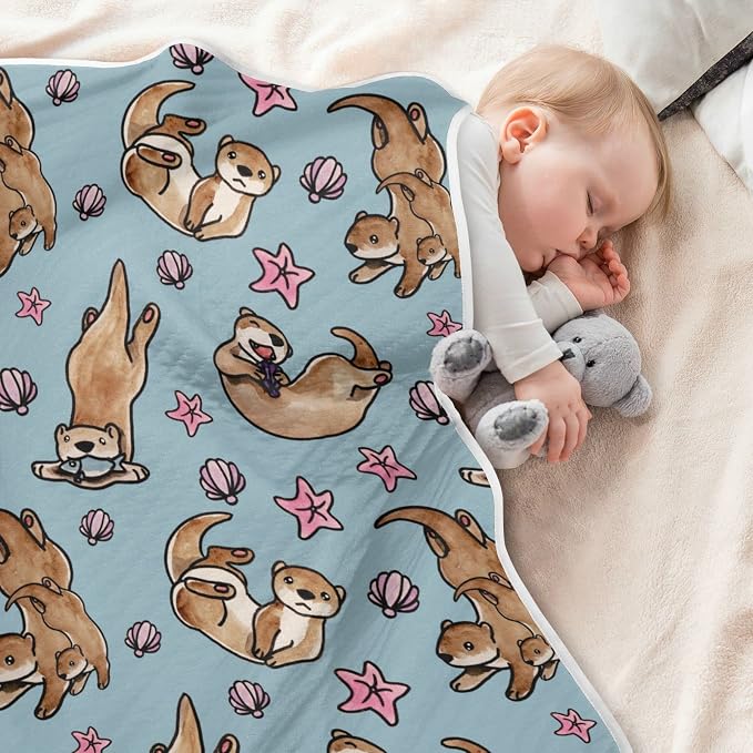 Ollabaky Otters Baby Blanket for Boys Girls Cotton Throw Blanket Swaddle Blanket for Crib Stroller Nursery Receiving Blanket Infant Toddler Unisex 30"x40"