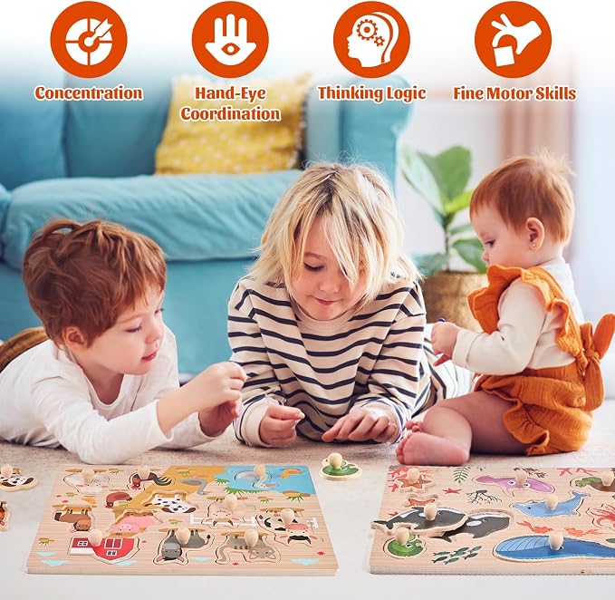 Wooderma Wooden Peg Puzzles for Toddlers 1-3, 2 Pcs Upgraded Montessori Educational Learning Puzzle Toy - Animal & Sea Themes Puzzles, Great Preschool Gifts for Girls and Boys (8.86 * 11.61 * 0.3in)