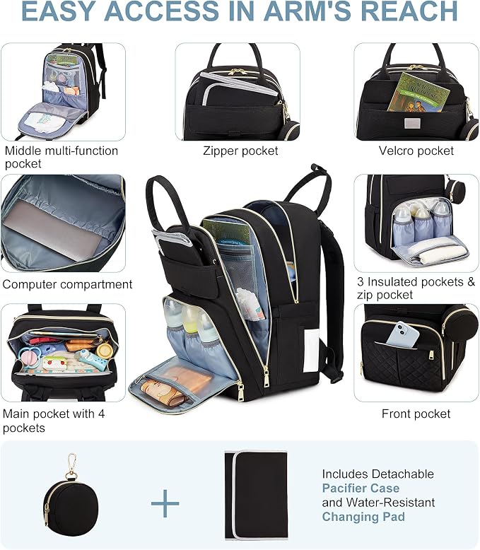 MOONBABY Diaper Bag Backpack, Baby Diaper Bags with Portable Changing Pad and Pacifier Case, Multifunctional Travel Diaper Backpacks, Unisex Baby Bags, Black