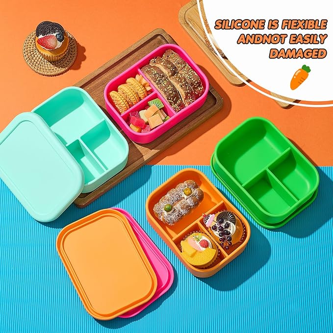 Layhit 4 Pcs Silicone Bento Box for Adults, 27 oz Bento Lunch Container Reusable Food Container for Women Men, Leak Proof Microwave Dishwasher Freezer Safe (3 Compartments,Vivid Colors)