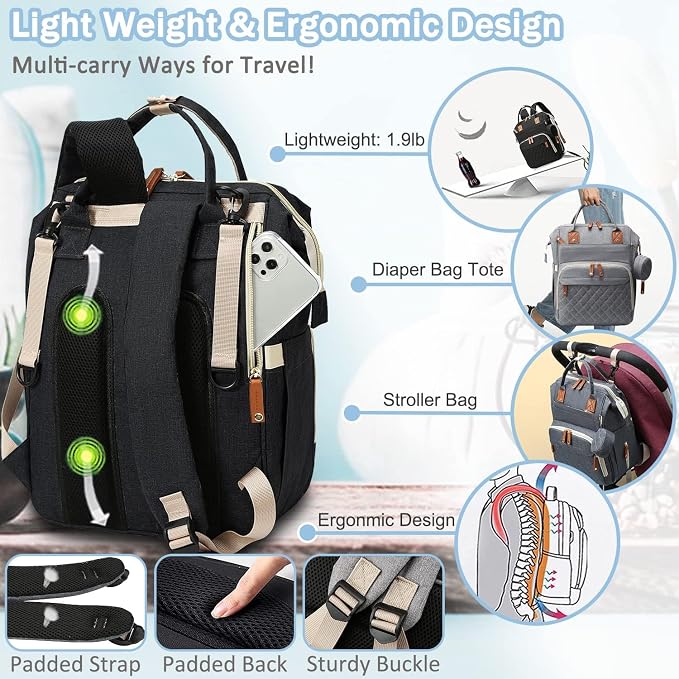 Black Diaper Bag Backpack, Multifunctional Waterproof Mommy Bag with Changing Pad, USB Port, Stroller Straps, Large Capacity Baby Travel Bag (balck)