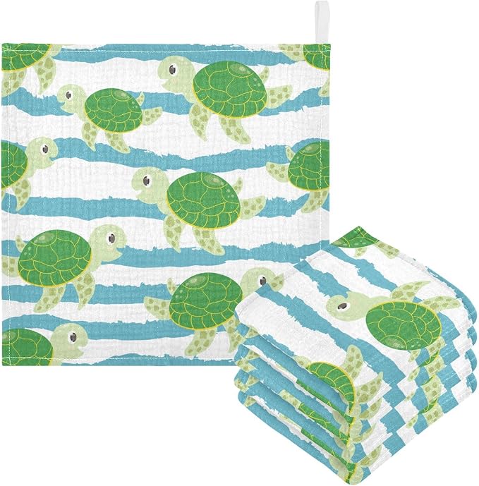 vvfelixl Cute Characters Green Turtles Baby Burp Cloths Baby Muslin Washcloths for Boys Girls Cotton Baby Face Towel for Newborn Infants Soft and Absorbent 11.8 X 11.8 in, 5 Pack
