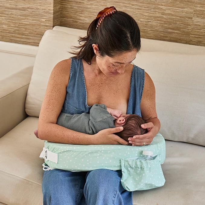 My Brest Friend Original Nursing Pillow Enhanced Ergonomics Essential Breastfeeding Pillow Support for Mom & Baby W/Convenient Side Pocket, Double Straps & Slipcover, Minty Geo
