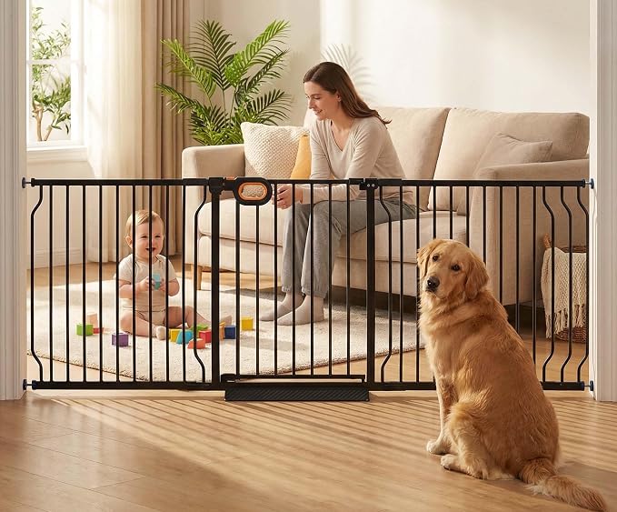Baby Gates Extra Wide for Doorways 76.4-85.5 Inch Extra Wide Pressure Mounted Baby Dog Gate for the House Indoor Large Openning Metal Safety Gate No Drilling with Walk-Through Door,Black