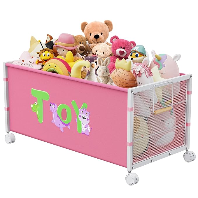 120L Kids Extra Large Toy Box with Wheels & Handle, 33.1??x 16.5??x 14.6??Big Toy Chest for Boys Girls, Toy Storage Organizer for Living Room Area, Playroom(Pink, 1PC)