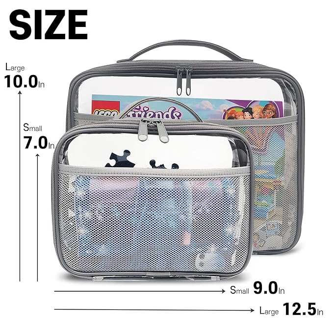 holay 4 Packs PVC Toy Storage Organizer with Zipper, Name Tag & Manual Pocket, Clear Durable Case for Blocks, Clay, Board Games, Travel (Gray, Small, Large)
