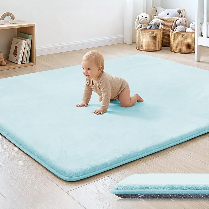 1.3" Thick Baby Floor Play Mat 50x50, Basic Padded Foam Mat for Tummy Time Crawling, Non Slip Cushioned for Babies Toddlers Infants Kids (Ice Blue)