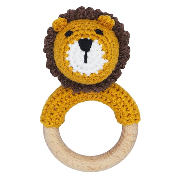 Joliecraft Woodland Friends Baby Rattle Shaker Toy with Wooden Teething Ring for Infants 3 6 9 12 Months Crochet Lion