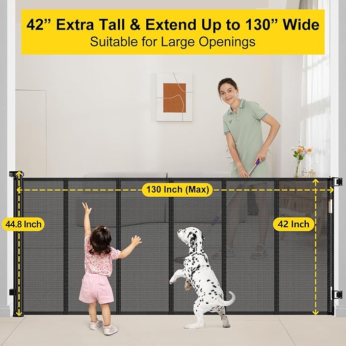 Reinforced 42??Tall x 130??Extra Wide Retractable Baby Gates Extra Tall Pet Gate for Wide Openings Long Dog gate with Rods to Prevent Crawling Through, Dog Gates for Doorways Indoor Outdoor, Black