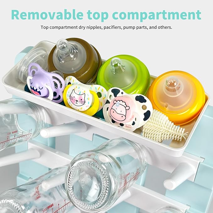 Baby Bottle Drying Rack, Vertical Standing Bottle Dryer Rack Holder-Space Saving Baby Bottle Drying Rack for Countertop-Holds Up to 12 Baby Bottles & Cup(Blue & White)