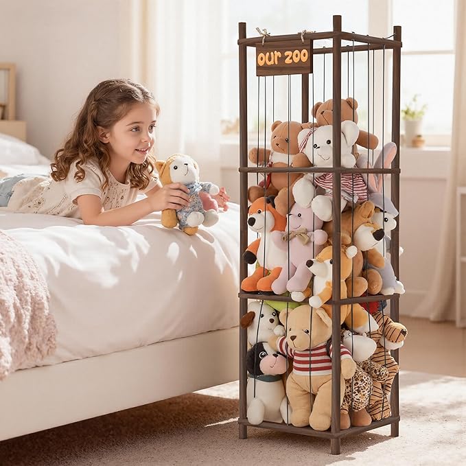 LAMU Stuffed Animal Storage, Wooden Zoo Stuffed Animal Holder with Elastic Cords, Space Save Toy Organizer, Extra Large Capacit Stuffed Animal Organizer for Playroom, Bedroom, Nursery,Brown
