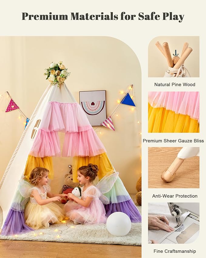 Hallo Deer Teepee Tent for Kids, Toddler Teepee with Star Lights & Rainbow Tulle, Girls Princess Play Tent, Foldable Kids Teepee Tent for Inside Playhouse Kid Toy Gift