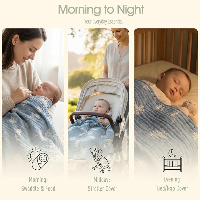 6-Layer Muslin Baby Blanket - Made with Organic Cotton, Earthy Botanicals Jacquard Swaddle & Crib Quilt, 43" x 43" (Navy Blue Floral)