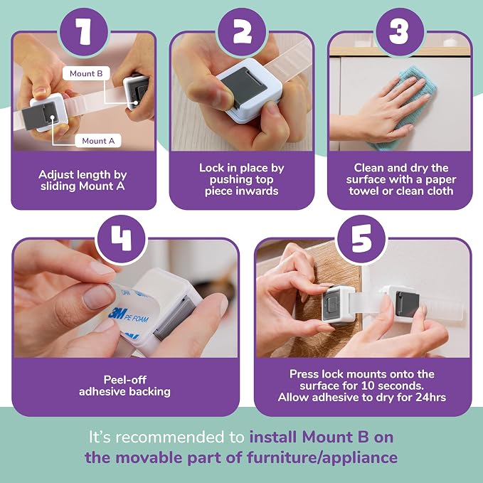 6 Pack Upgraded Baby Proofing Cabinet Latch Locks - No Drilling or Tools Required, Children Proof Cupboard Drawers Latches, Works with Most Cabinets and Drawers - Adhesive Easy Installation