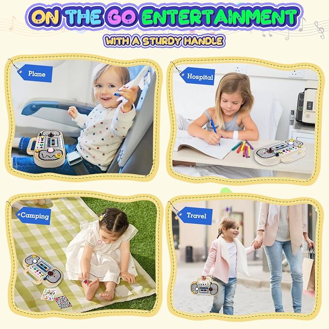 Ansee Busy Board Montessori Toys for Toddlers, Wooden Sensory Toys with LED Light, Switches, Music, Labyrinth, Adjust Volume, 2 DIY Stickers, Learning Travel Toys