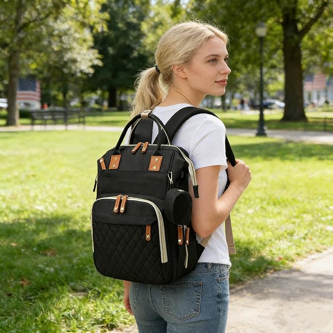 Black Diaper Bag Backpack, Multifunctional Waterproof Mommy Bag with Changing Pad, USB Port, Stroller Straps, Large Capacity Baby Travel Bag (balck)