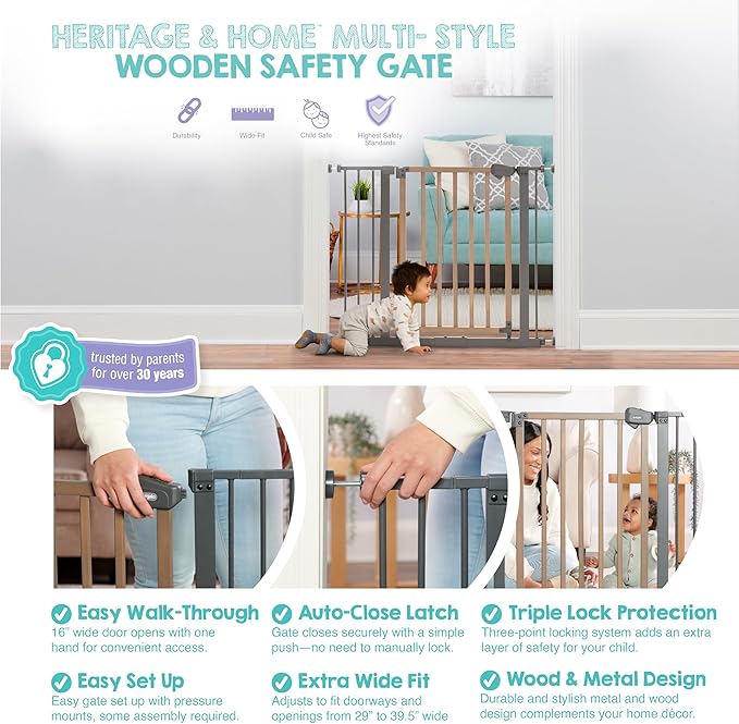 Regalo SAFETY 39" Extra Wide Wood Accent Baby Gate, Pressure Mount for Doorways & Bottom of Stairs, Babies, Toddlers & Pets, Ages 6??4 Months, TESTED & TRUSTED, AMERICAN DESIGNED, FAMILY OWNED