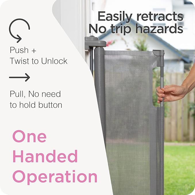 Retractable Baby Gate Perma Child Safety 41" Tall x 71??Wide, Mesh, for Stairs, Doorways, Dogs, Pets, Indoor, Outdoor, One-Handed Operation, Locking, Easy Install, Hardware Mount, Gray