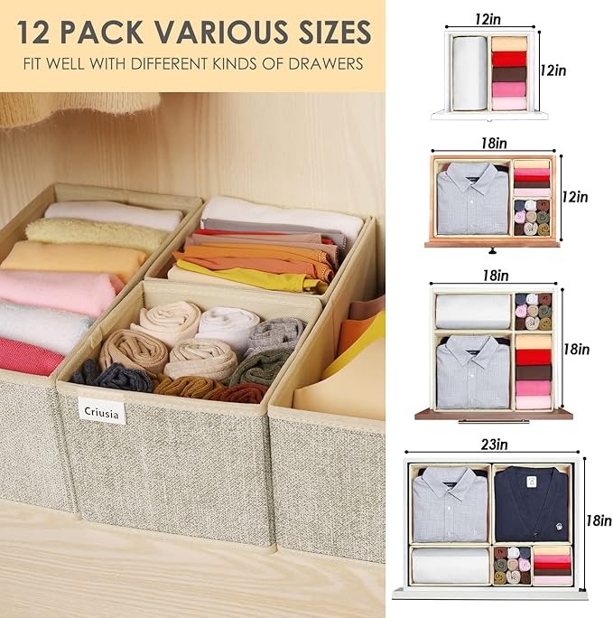 12 Pack Drawer Organizers for Clothing, Foldable Clothes Storage Box Closet Dresser Drawer Organizers Dividers, Bedroom Organization Fabric Bins for Baby Clothes Underwear Sock Bra Ties (Beige)