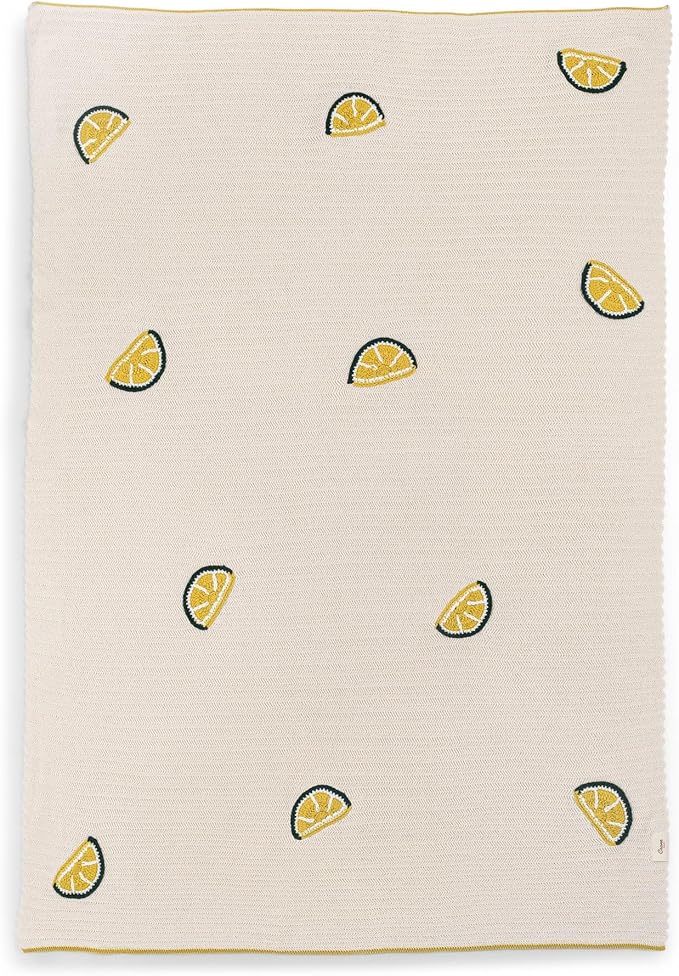 Crane Baby Cotton Knit Baby Blanket, Lemon Embroidered Knitted Stroller Blanket for Boys and Girls, Soft Lightweight Gender Neutral Crib Blanket, Cream and Yellow Nursery Decor, 30" x 40"
