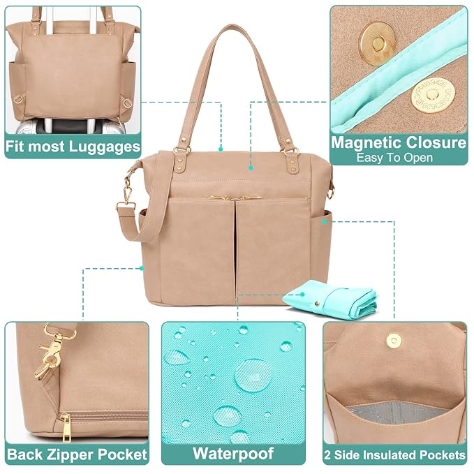 MOMINSIDE Diaper Bag Tote, Diaper Bag Organizing Pouches, Leather Baby Bag Backpack, Baby Registry Search, 14 pockets, 4 Insulated Pockets, Changing Station