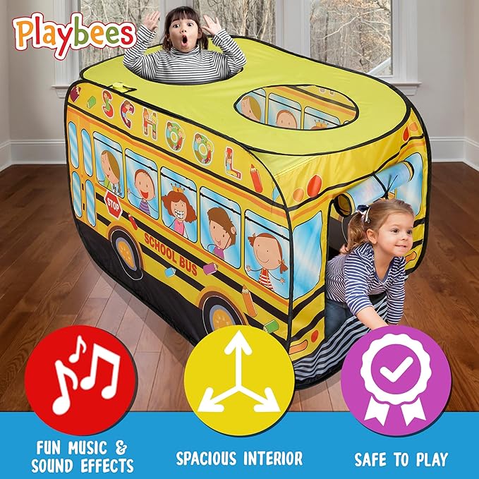 Playbees Musical School Bus Pop Up Play Tent with 3 Openings - Tent for Toddlers - Indoor & Outdoor - Pop Up Tents for Kids - Includes Carry Bag and Sound Button- 43.5x28x26.5 Inch