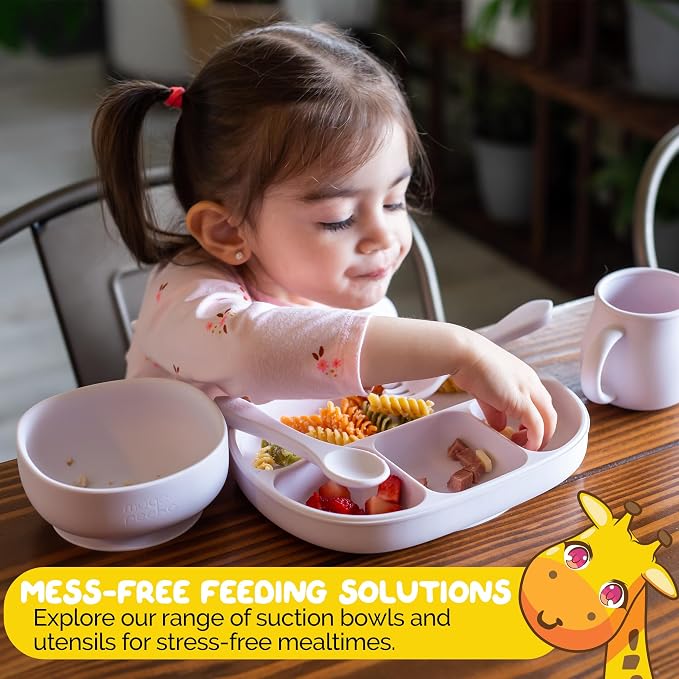 Baby Dinnerware Set by Muqee Peeko in a Sweet Lilac Color including Sets with Suction - Food Grade Silicone (5 Piece Set)
