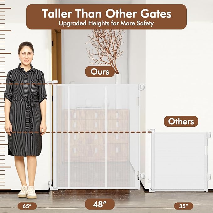 Reinforced 48" Extra Tall X 100" Extra Long Baby Gates for Wide Openings Retractable Baby Gates Extra Wide Dog Gates Indoor Mesh Gates for Dogs Tall Pet Gates for Doorways Mesh Cat Gate, White