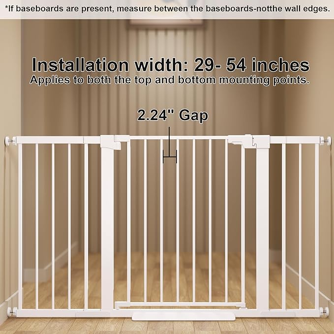 29-54 inches Extra Wide Metal Baby Gate for Stairs/Doorways, 30 inches Tall Pressure Mounted Pet Gates, Auto-Close Child Safety Gate, No Drilling Easy Walk-Through Dog Gate Indoor, White