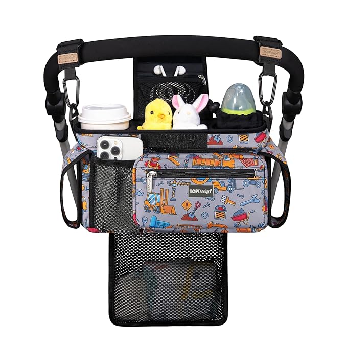 TOPDesign Universal Baby Stroller Organizer, Stroller Caddy with Detachable Mesh Bag & Heightened Insulated Cup Holders & Non-Slip Secure Hooks Accessories, Fits Most Strollers (Construction Trucks)