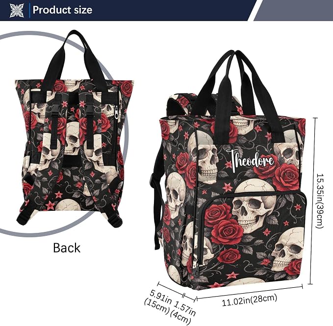 Custom Name Gothic Red Rose Skull Diaper Bag – Large Capacity for Mom Dad