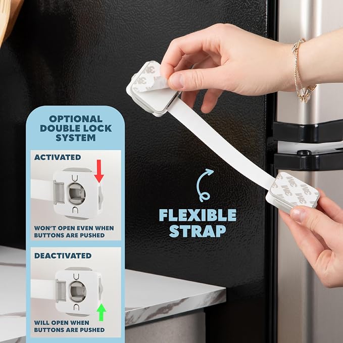 Todays Kids Child Safety Locks 4-Pk. Child Locks for Cabinets & Drawers, Oven, Refrigerator, Toilet, Doors, Adjustable & Secure Baby Locks, Double Lock Option, Easy Install Cabinet Locks Baby Proofing
