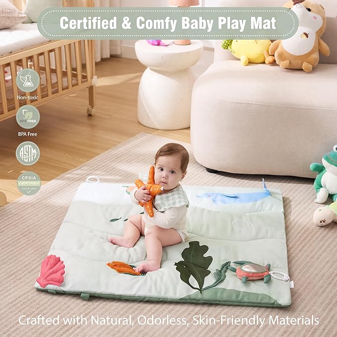 Spirich 9-in-1 Tummy Time Mat, Soft Sensory Mat for Infants, Baby Play Gym Mat, Newborn Essentials Shower Gift
