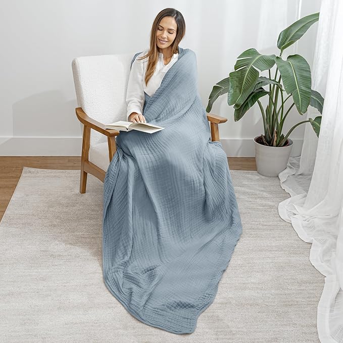 Comfy Cubs Muslin Blanket for Adults Twin 90" x 66" - 6 Layer Soft, Breathable & Lightweight Muslin Adult Blanket - Machine Washable & Designed in The US Bedding for All Seasons - Pacific Blue