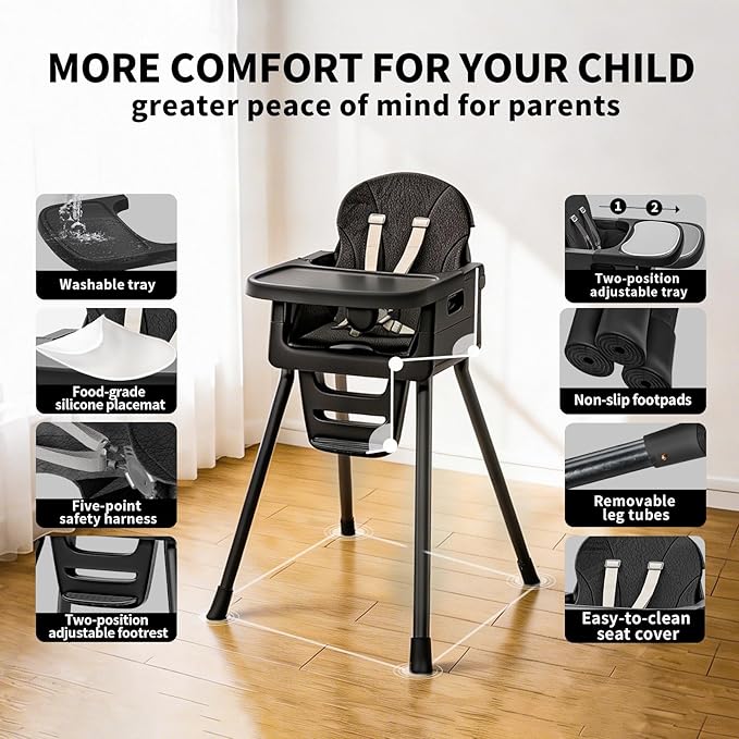 Portable High Chairs for Babies and Toddlers, Convertible Baby Feeding Chair with Tray, Easy Clean High Chair for Toddler with Foot Rest, Infant Highchairs & Booster Seats with Cushion Black