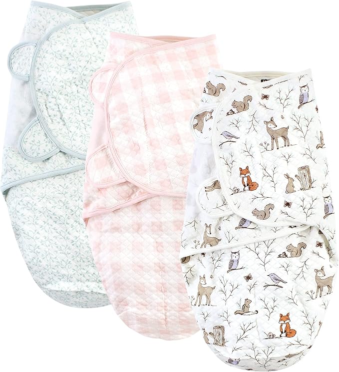 Hudson Baby Unisex Baby Quilted Cotton Swaddle Wrap 3pk, Enchanted Forest, 0-3 Months