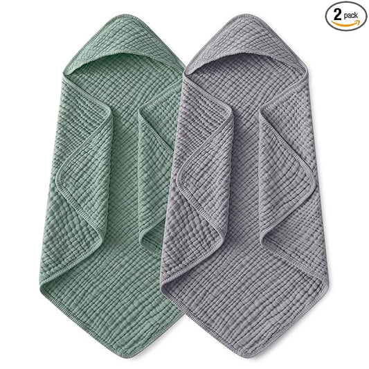 Yoofoss Hooded Baby Towels for Newborn 2 Pack 100% Muslin Organic Cotton Baby Bath Towel with Hood for Babies, Infant, Toddler and Kids,37.5"x37.5",Soft and Absorbent Newborn Essential,Grey&Dark Green