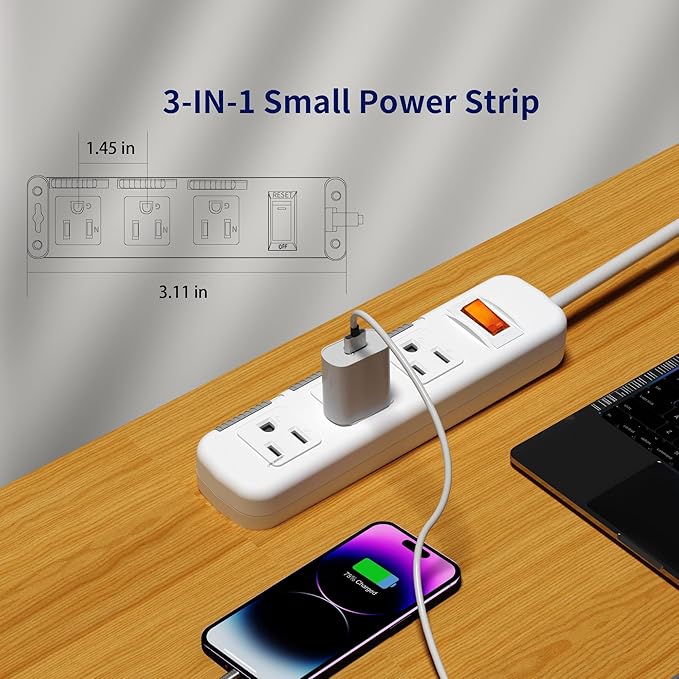 Flat Plug Power Strip Surge Protector 3 Outlets, Extension Cord 3 ft 3 Prong, 300J, 10A/1250W, Overload Protection Switch, Plug Strip for Home Office, Child Safety Slide Outlet Covers, SGS Approved