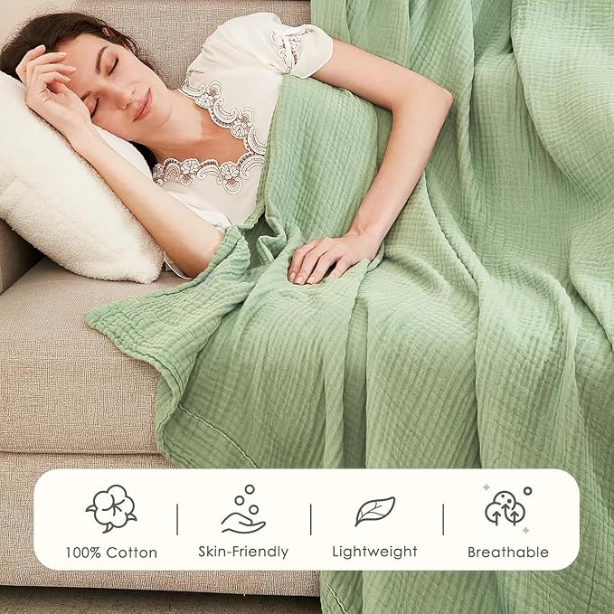 EMME Cotton Blanket Queen Size for Bed Soft Large Muslin Bed Blankets 90"x90" Lightweight Breathable Blanket Bedspread All Season Gauze, Sage Green