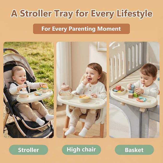Li&Zhao Universal Stroller Snack Tray 3-in-1 Detachable Stroller Snack Tray Attachment with Secure Phone Holder, Spill-Proof Cup Holders Compartments, Easy-Clean Universal Snack Tray for Stroller