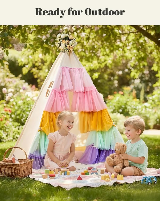 Hallo Deer Teepee Tent for Kids, Toddler Teepee with Star Lights & Rainbow Tulle, Girls Princess Play Tent, Foldable Kids Teepee Tent for Inside Playhouse Kid Toy Gift