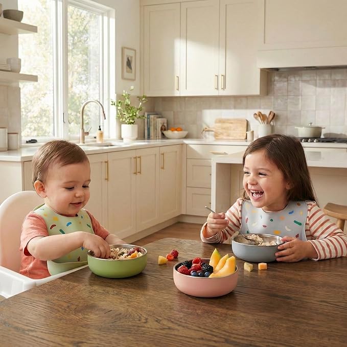Monkey Proof??Non-Toxic Stainless Steel Child Bowl 5??with Non-Slip Silicone Shell, Multi-color, (Set of 4 bowls) Unbreakable, Mess Free Feeding for Babies, Toddlers, Kids, BPA free