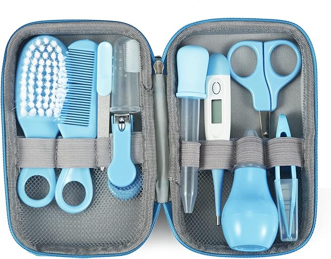 PandaEar Baby Healthcare & Grooming Kit - Baby Safety Set Comb, Brush, Finger Toothbrush, Nail Clippers, Scissors, Nasal Aspirator - Nursery Care Kit (Blue)
